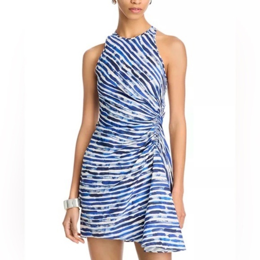 Like New! A.L.C. Rue Stripe Ruched Silk Blend Dress in White Blue Size 14
